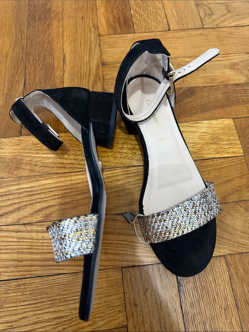 Black Ankle-Strap Sandals with Metallic Woven Toe Band